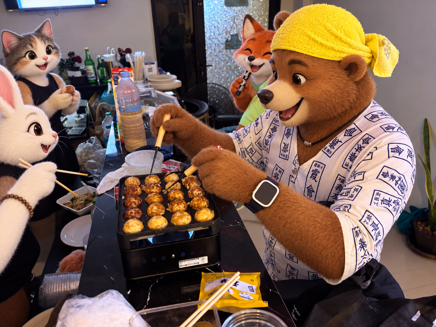 親睦会でたこ焼きを作る参加者